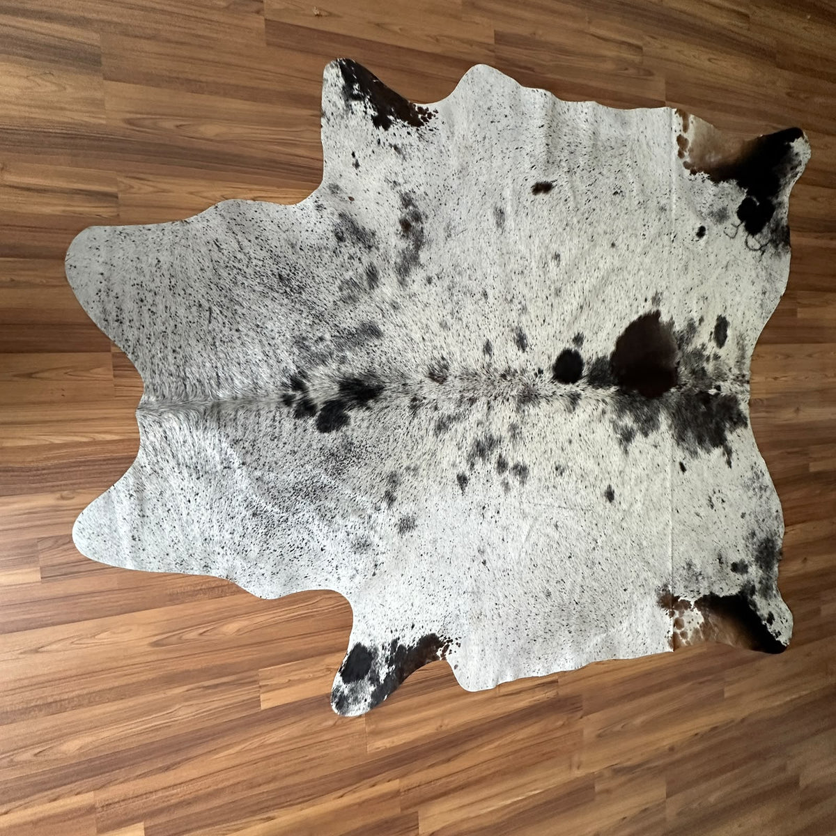 Black and White cowhide rug, full overhead view