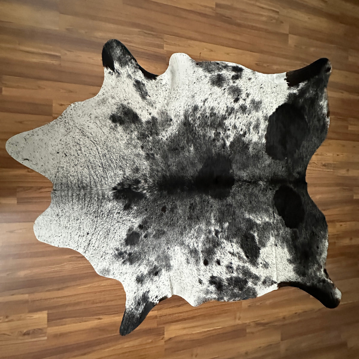 Black and White cowhide rug, full overhead view — Large irregular black patches and speckles over white base with natural hid