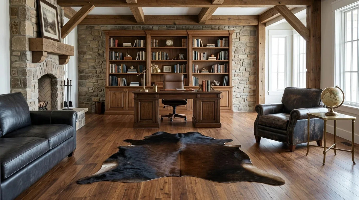 Black and White cowhide rug under desk in texas ranch home office