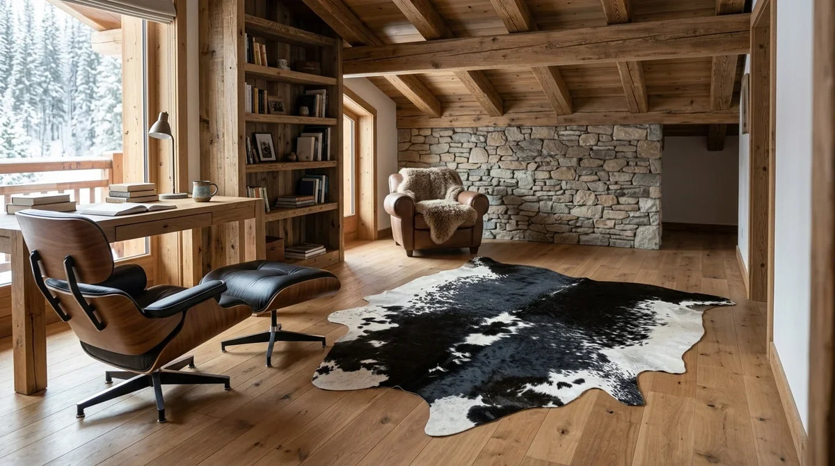 Black and White cowhide rug under desk in modern chalet home office
