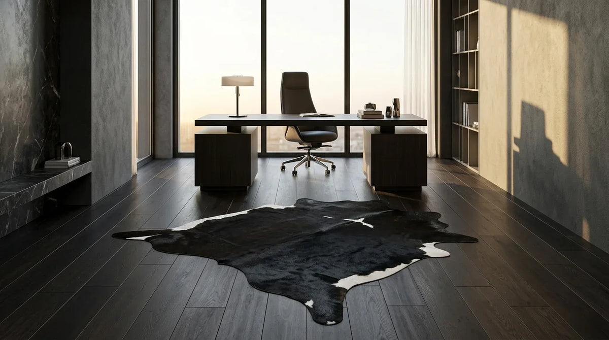 Black and White cowhide rug under desk in milano penthouse home office