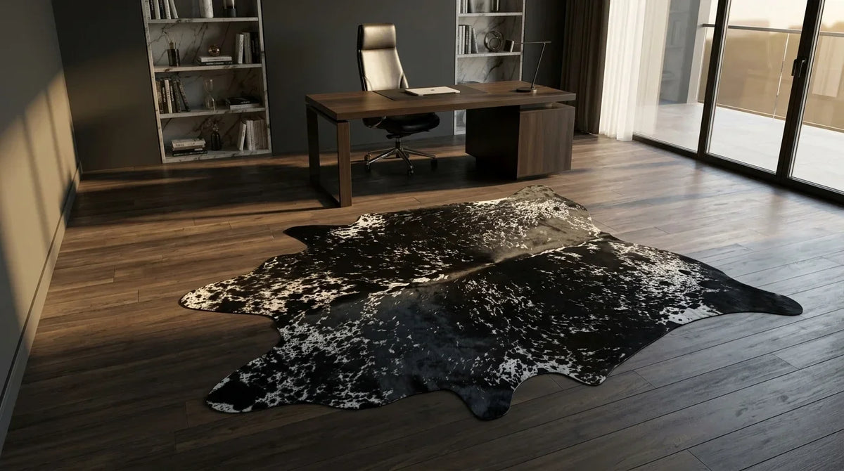 Black and White cowhide rug under desk in Milano Penthouse home office
