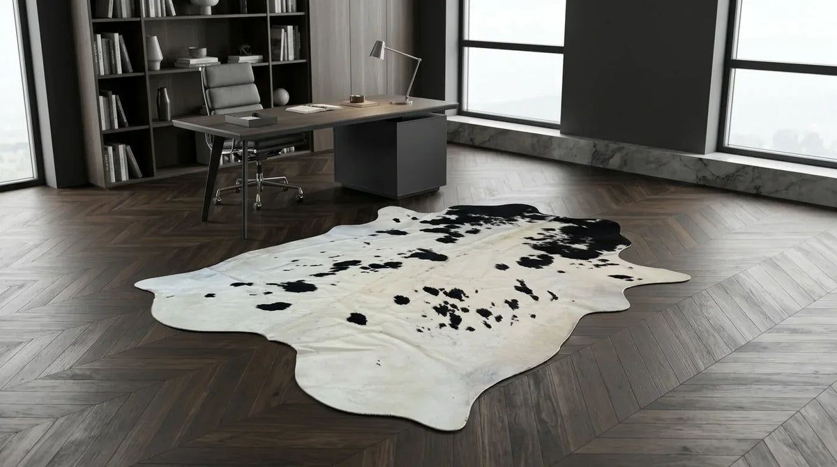Black and White cowhide rug under desk in milano penthouse home office
