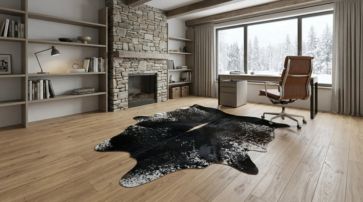 Black and White cowhide rug under desk in Modern Chalet home office