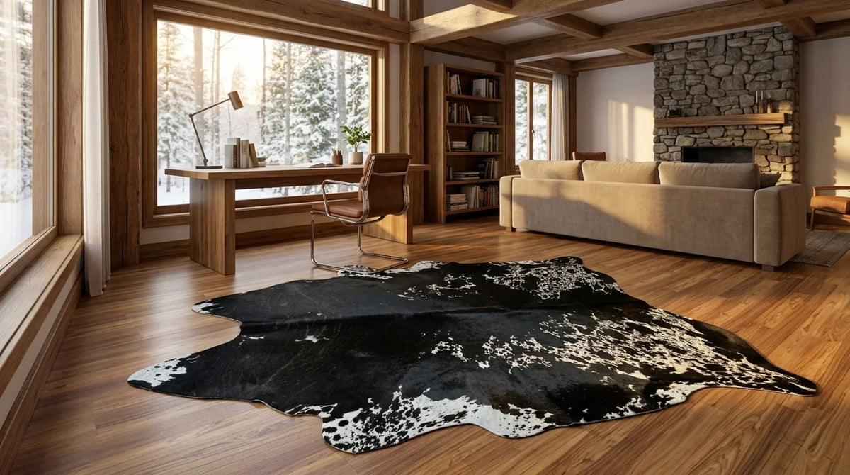 Black and White cowhide rug under desk in modern chalet home office
