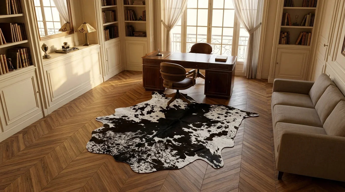 Kuhfell in Schwarz-Weiß im Arbeitszimmer im Pariser Art-déco-Stil