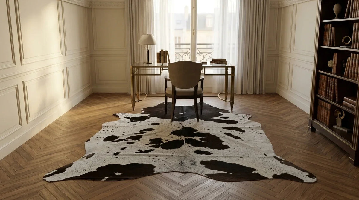 Black and White cowhide rug under desk in parisian artdeco home office