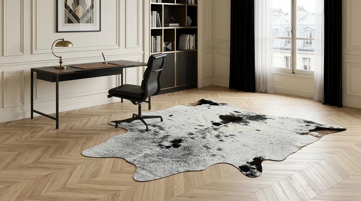Black and White cowhide rug under desk in Parisian Artdeco home office