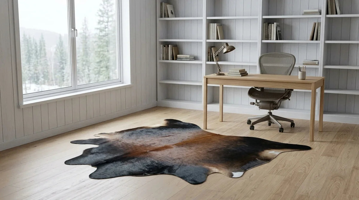 Black and White cowhide rug under desk in Scandinavian Cabin home office