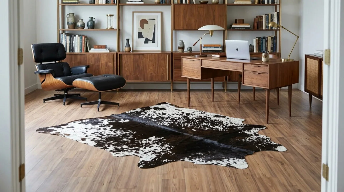 Black and White cowhide rug under desk in midcentury modern home office