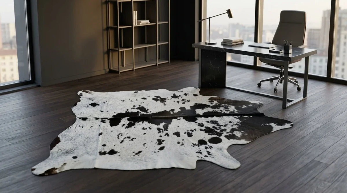 Black and White cowhide rug under desk in milano penthouse home office