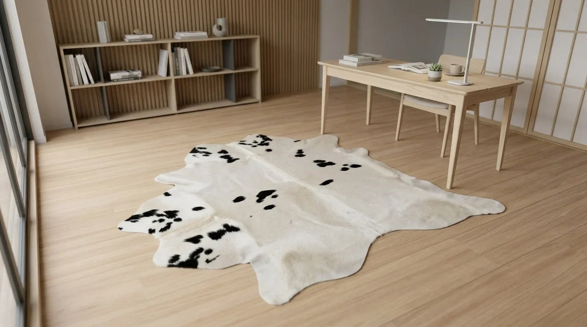 Black and White cowhide rug under desk in tokyo minimal home office