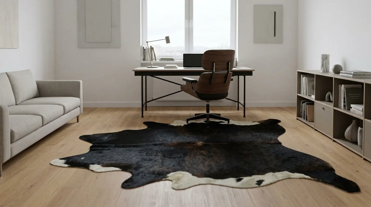 Black and White cowhide rug under desk in contemporary european home office