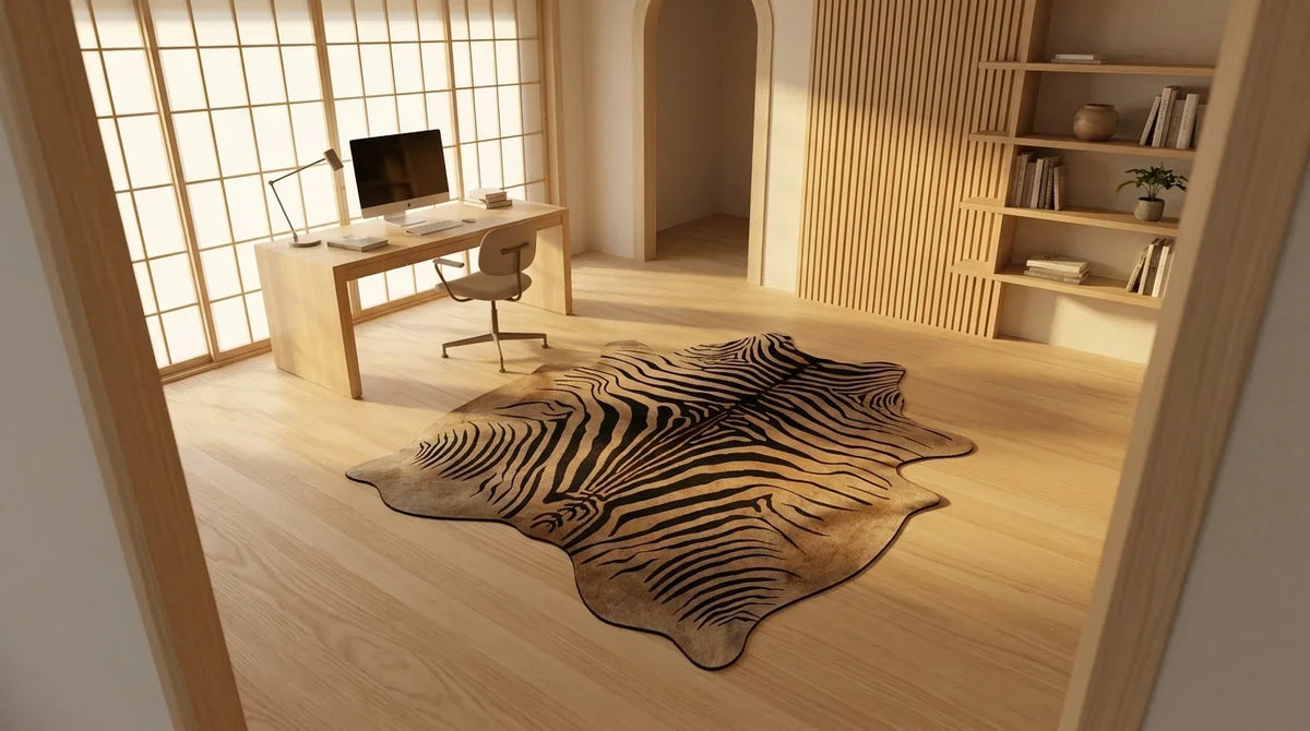 Black and White cowhide rug under desk in tokyo minimal home office