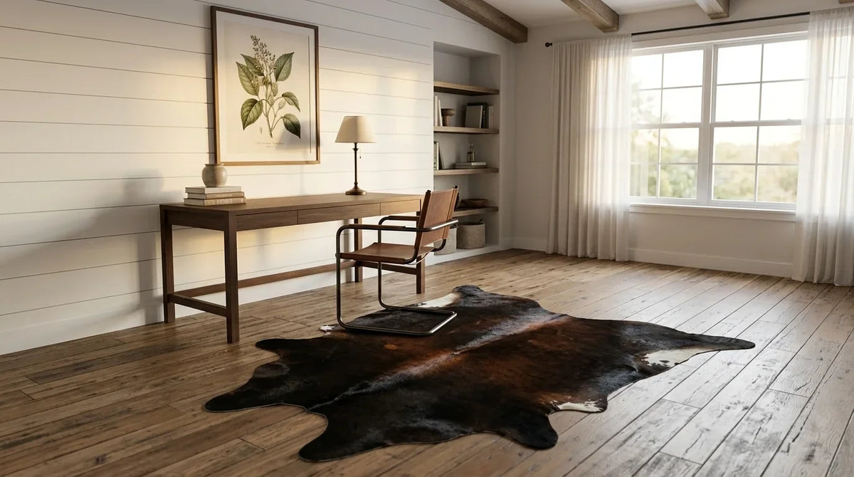 Black and White cowhide rug under desk in modern farmhouse home office