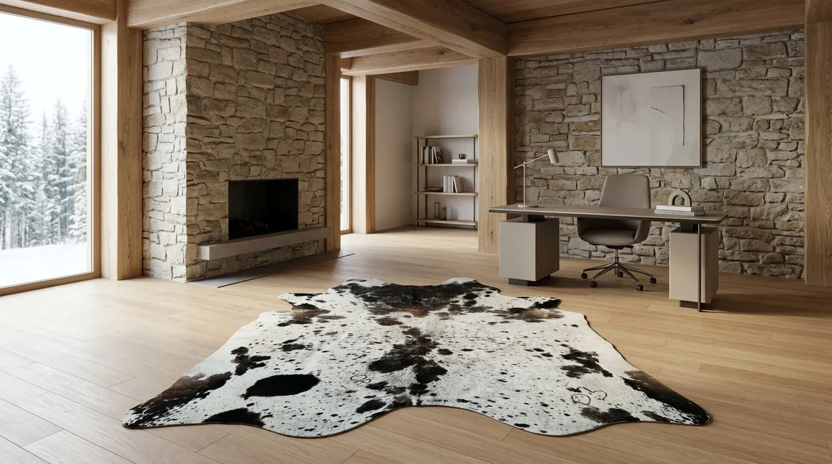 Black and White cowhide rug under desk in modern chalet home office