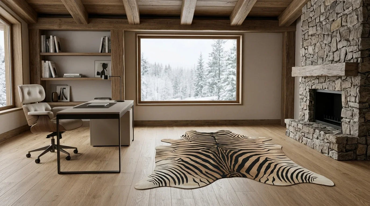 Black and White cowhide rug under desk in modern chalet home office