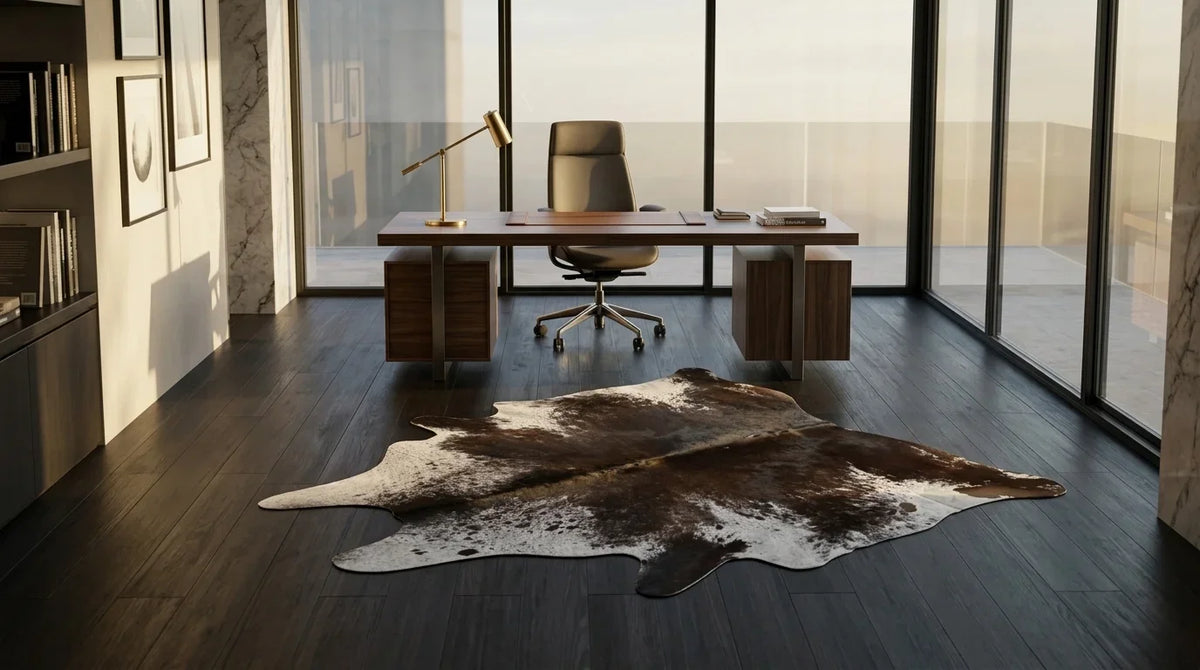 Kuhfell in Schwarz-Weiß im Arbeitszimmer im Mailänder Penthouse-Stil