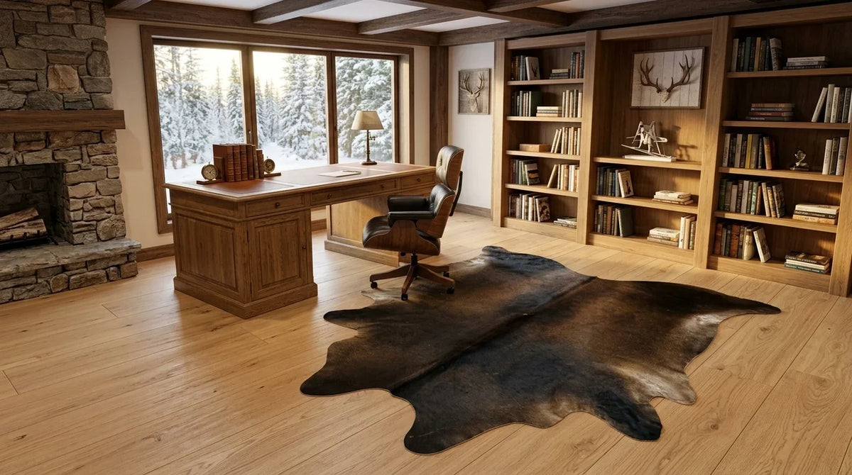 Kuhfell in Schwarz-Weiß im Arbeitszimmer im alpinen Chalet-Stil