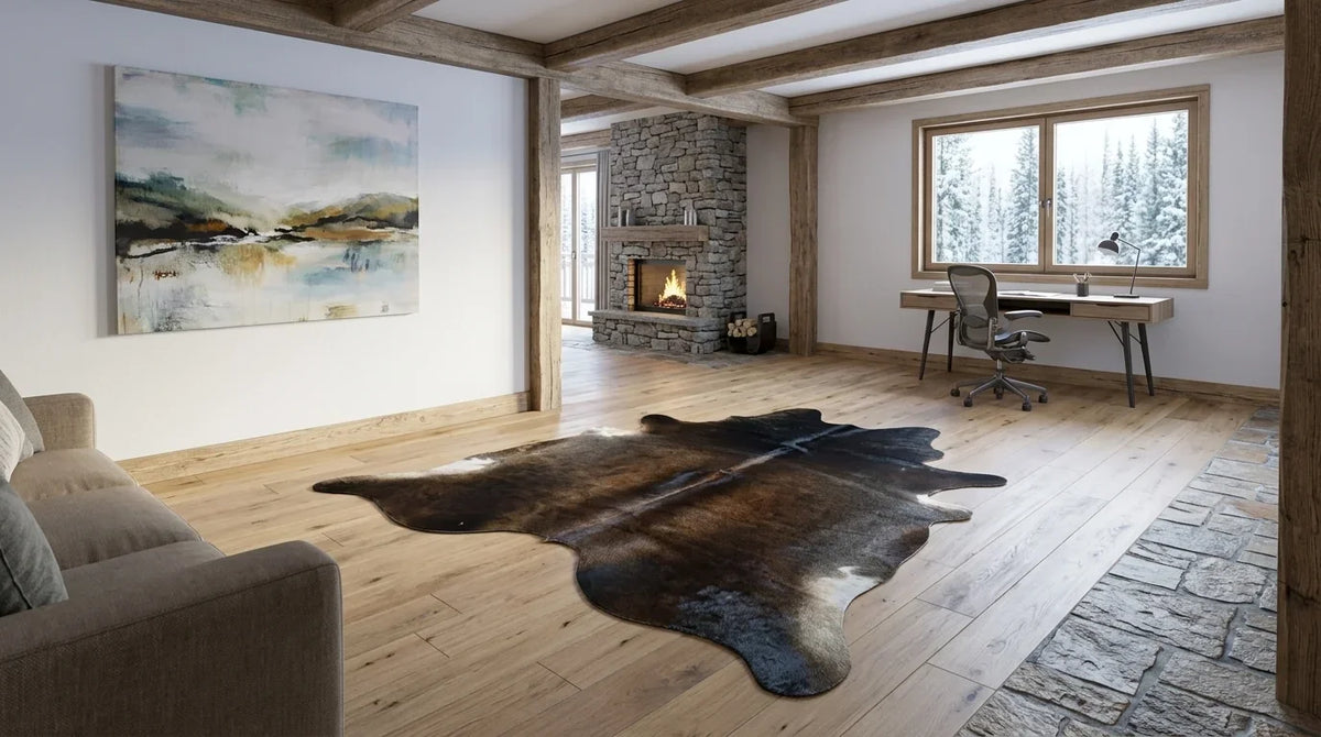Black and White cowhide rug under desk in modern chalet home office