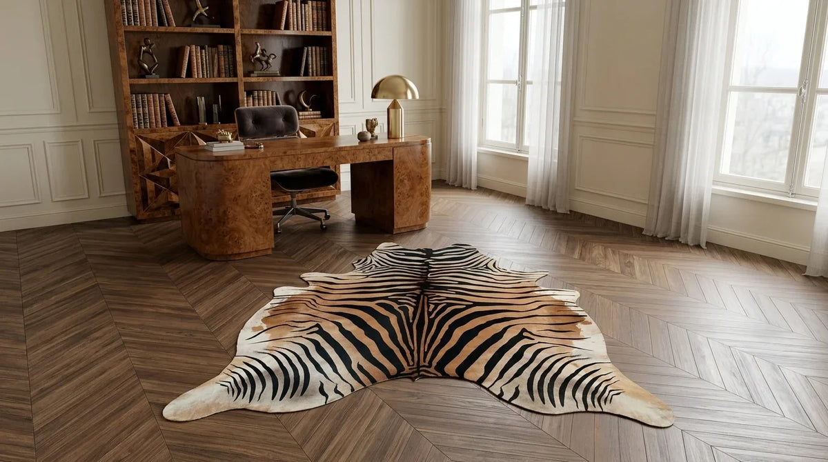 Black and White cowhide rug under desk in parisian artdeco home office