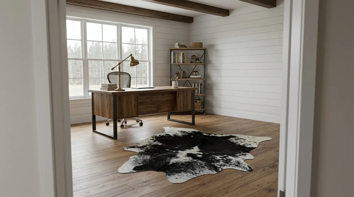 Black and White cowhide rug under desk in modern farmhouse home office