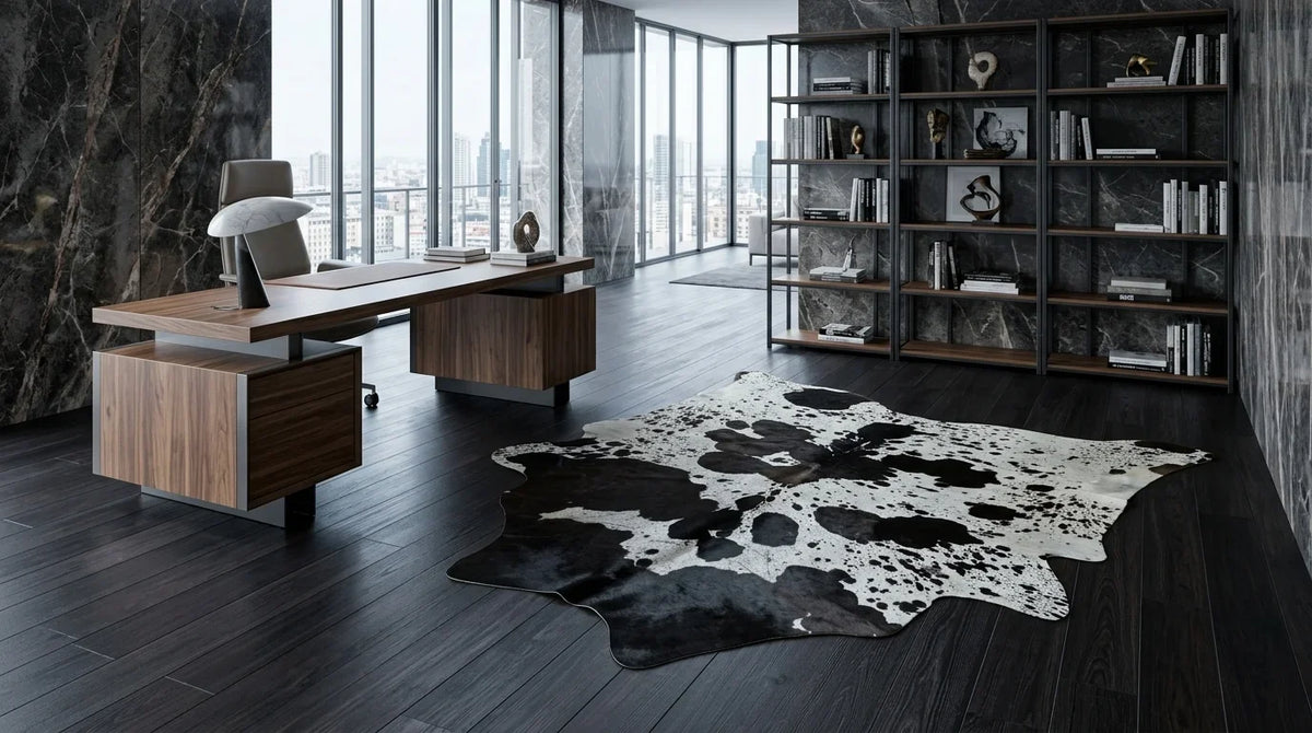 Black and White cowhide rug under desk in Milano Penthouse home office