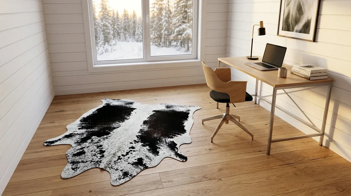 Black and White cowhide rug under desk in Scandinavian Cabin home office