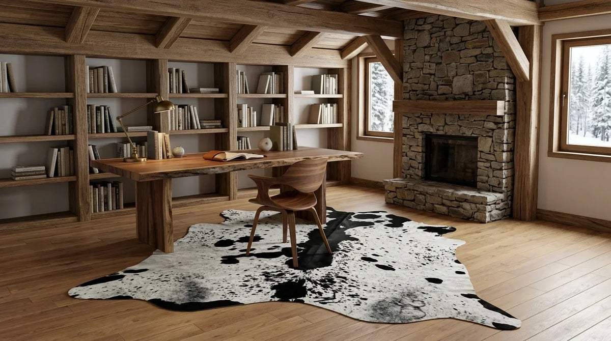Black and White cowhide rug under desk in modern chalet home office