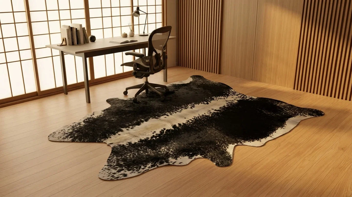 Black and White cowhide rug under desk in Tokyo Minimal home office