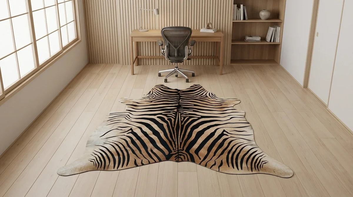 Black and White cowhide rug under desk in tokyo minimal home office