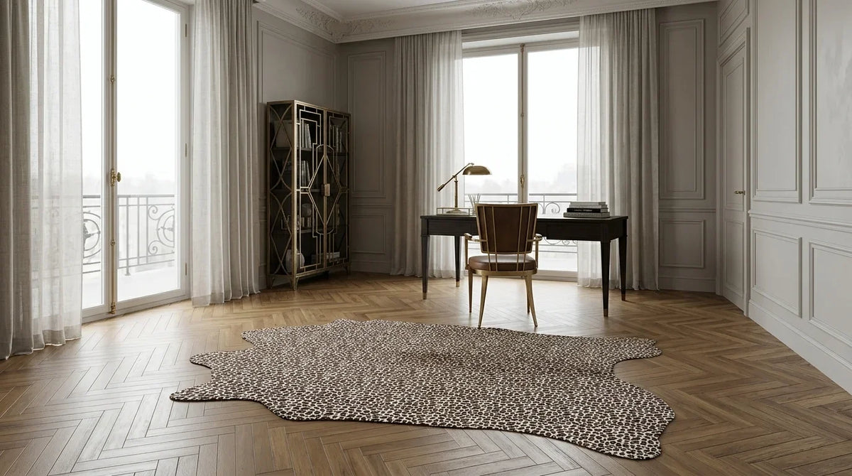 Black and White cowhide rug under desk in parisian artdeco home office