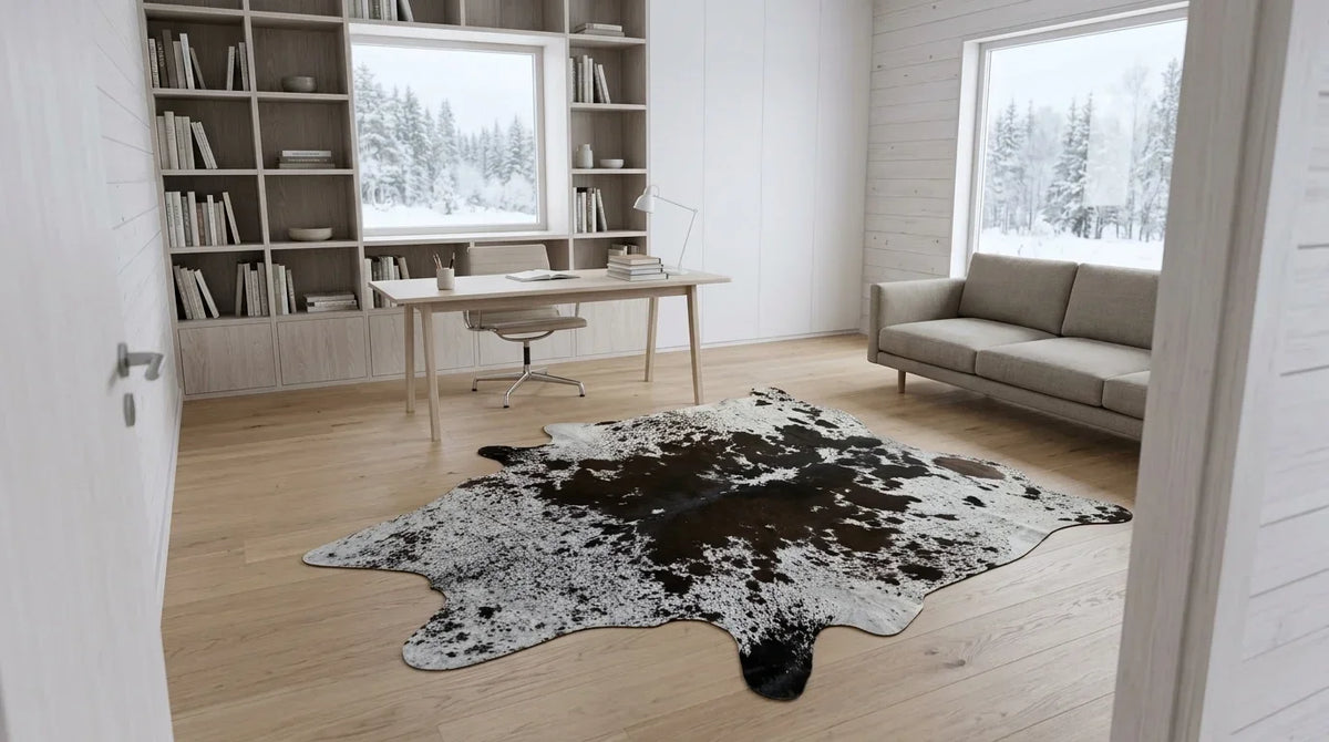 Black and White cowhide rug under desk in scandinavian cabin home office