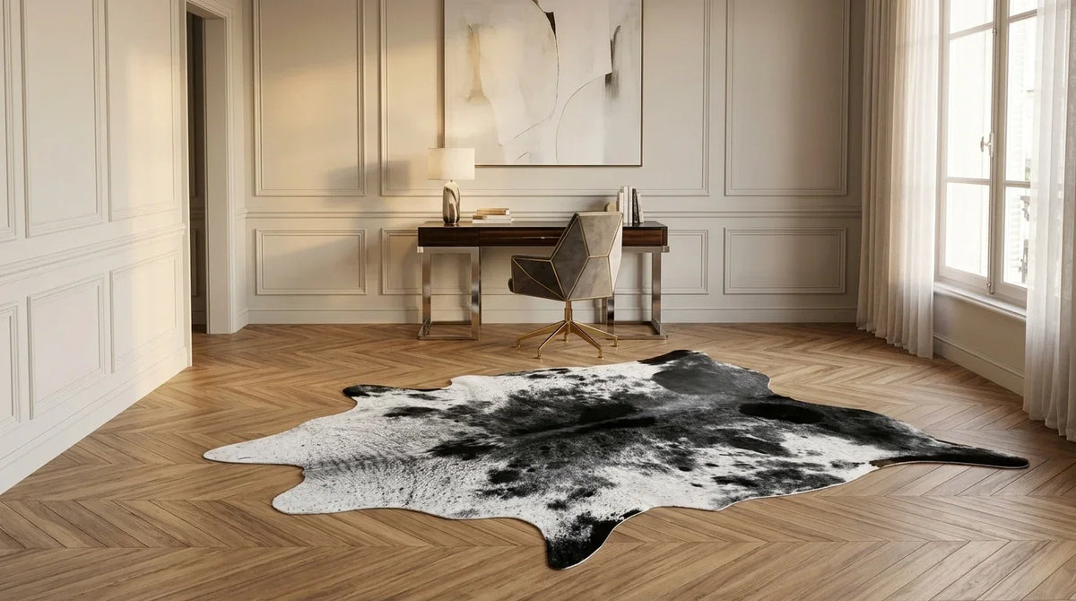 Black and White cowhide rug under desk in parisian artdeco home office
