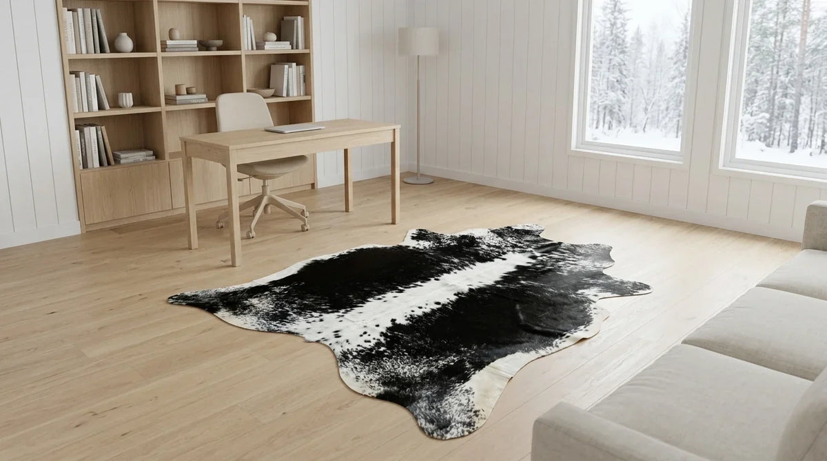 Black and White cowhide rug under desk in Scandinavian Cabin home office
