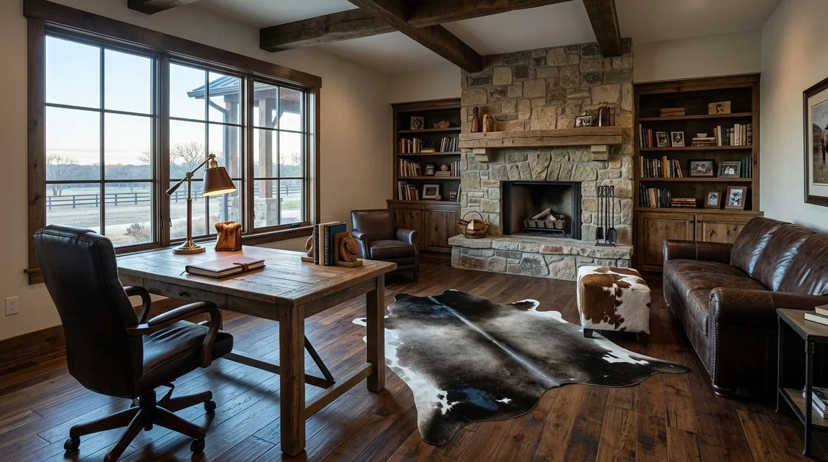 Black and White cowhide rug under desk in texas ranch home office