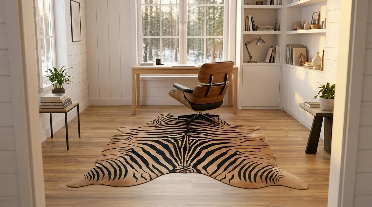 Black and White cowhide rug under desk in scandinavian cabin home office
