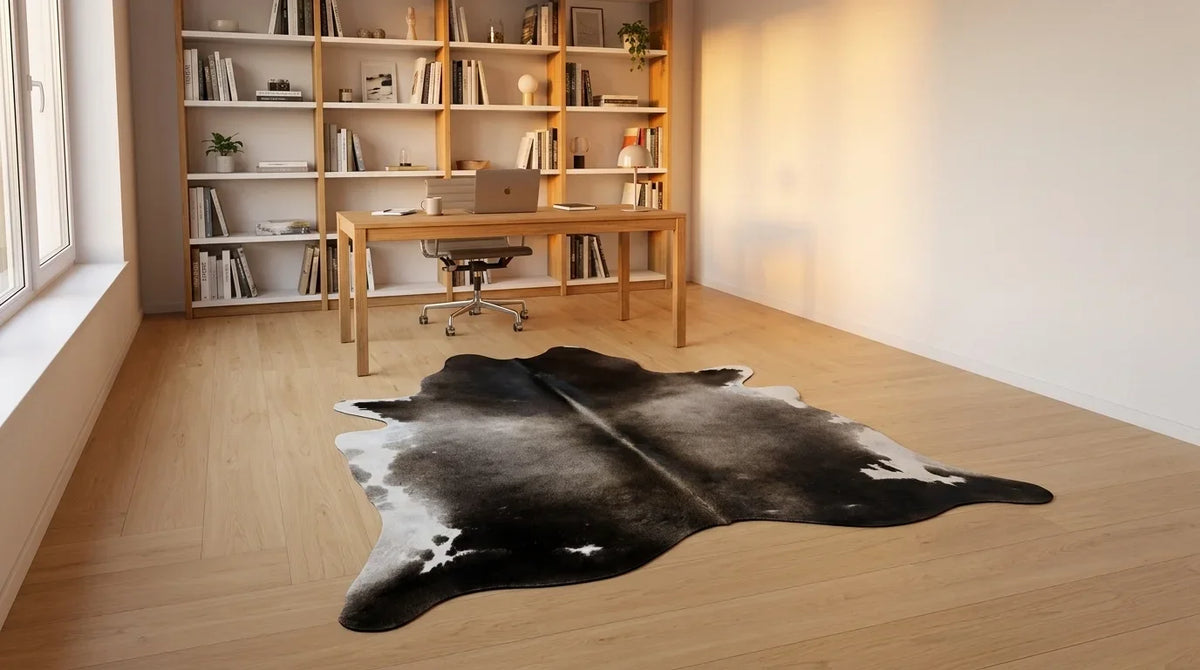 Black and White cowhide rug under desk in contemporary european home office