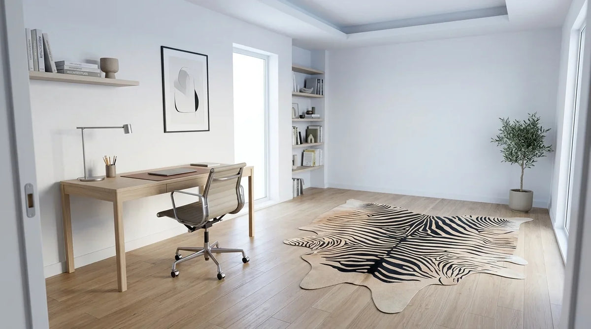 Black and White cowhide rug under desk in contemporary european home office