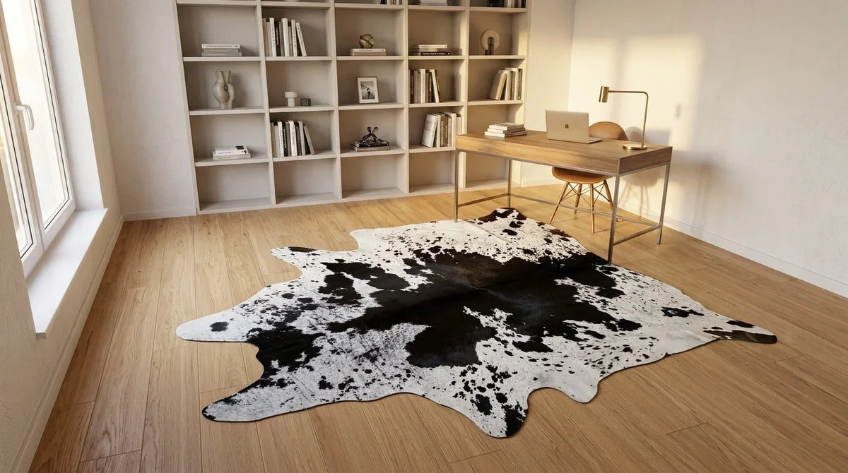Kuhfell in Schwarz-Weiß im Arbeitszimmer im zeitgenössischen europäischen Stil
