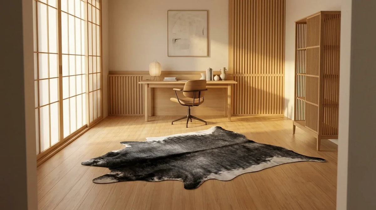 Black and White cowhide rug under desk in tokyo minimal home office