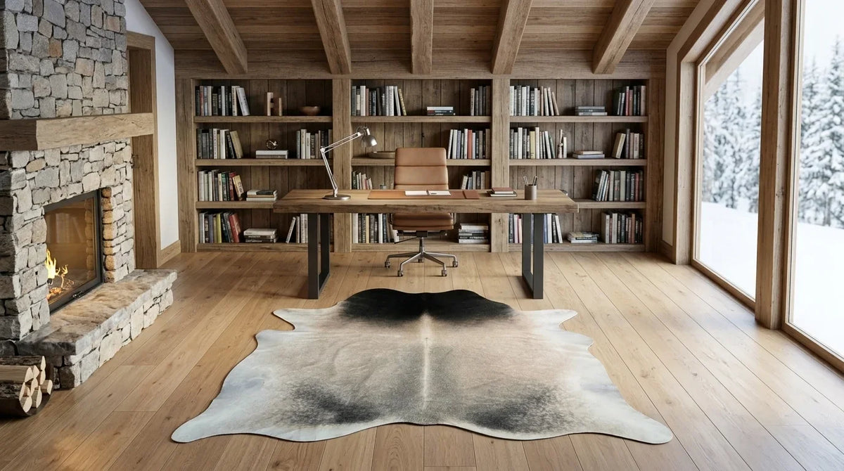 Black and White cowhide rug under desk in modern chalet home office