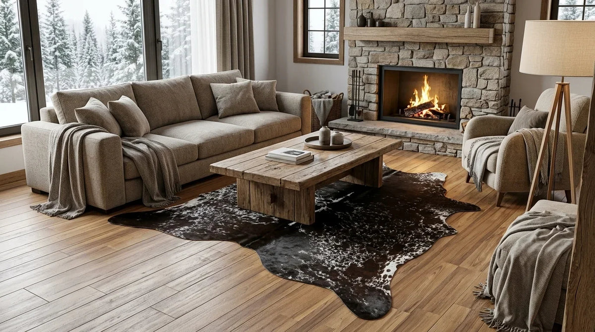 Black and White cowhide rug on hardwood floor in modern chalet living room