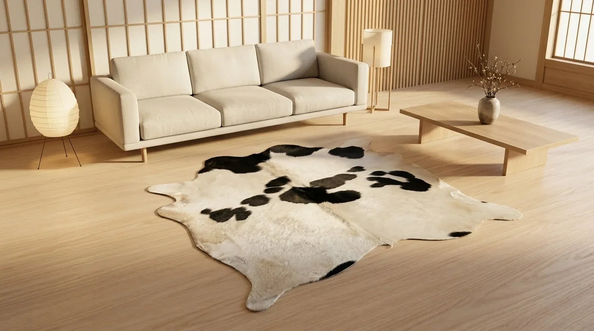 Black and White cowhide rug on hardwood floor in tokyo minimal living room