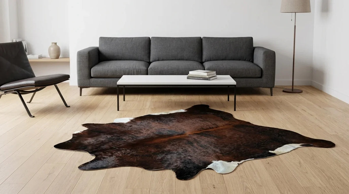 Black and White cowhide rug on hardwood floor in contemporary european living room