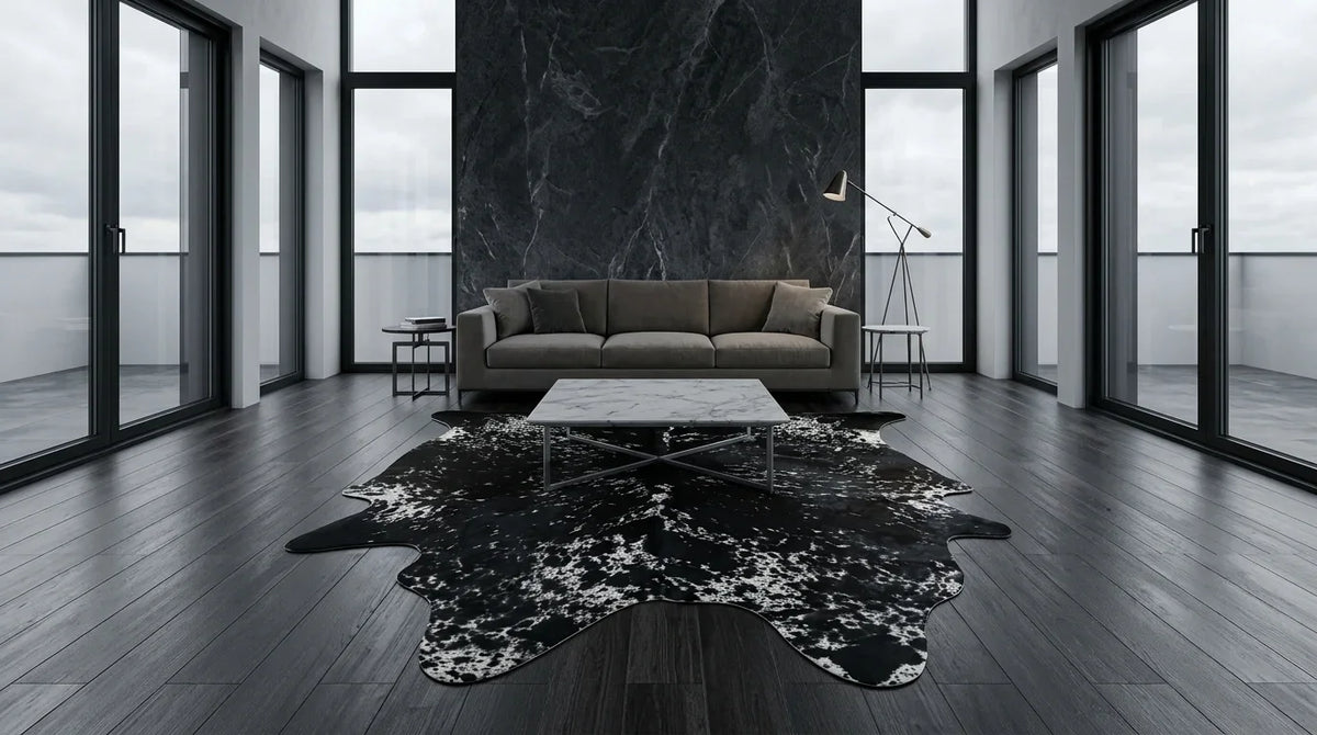 Kuhfell in Grau mit Salt-and-Pepper-Muster im Wohnzimmer im Mailänder Penthouse-Stil