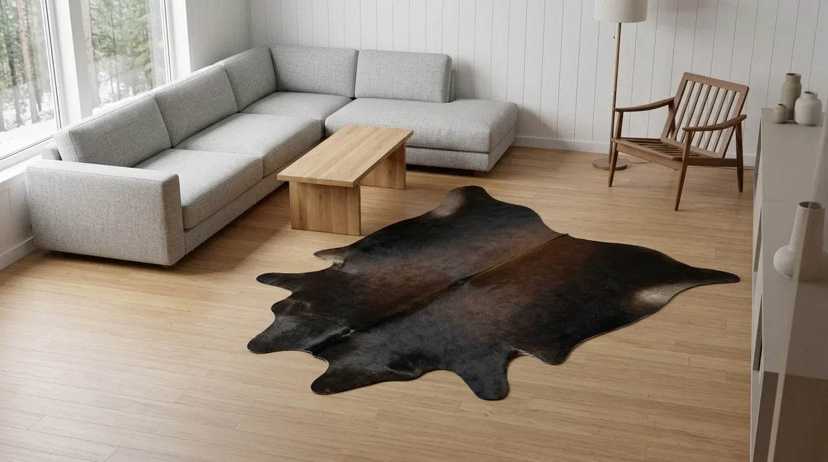 Black and White cowhide rug on hardwood floor in scandinavian cabin living room