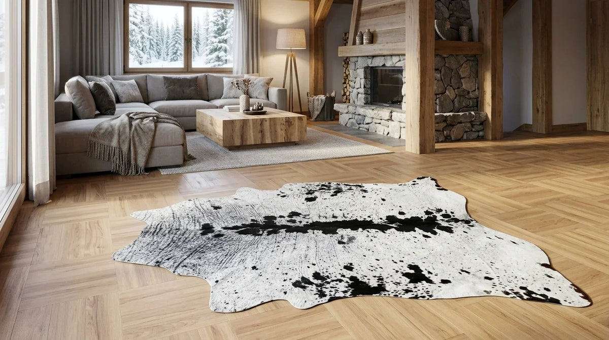 Kuhfell in Grau mit Salt-and-Pepper-Muster im Wohnzimmer im alpinen Chalet-Stil