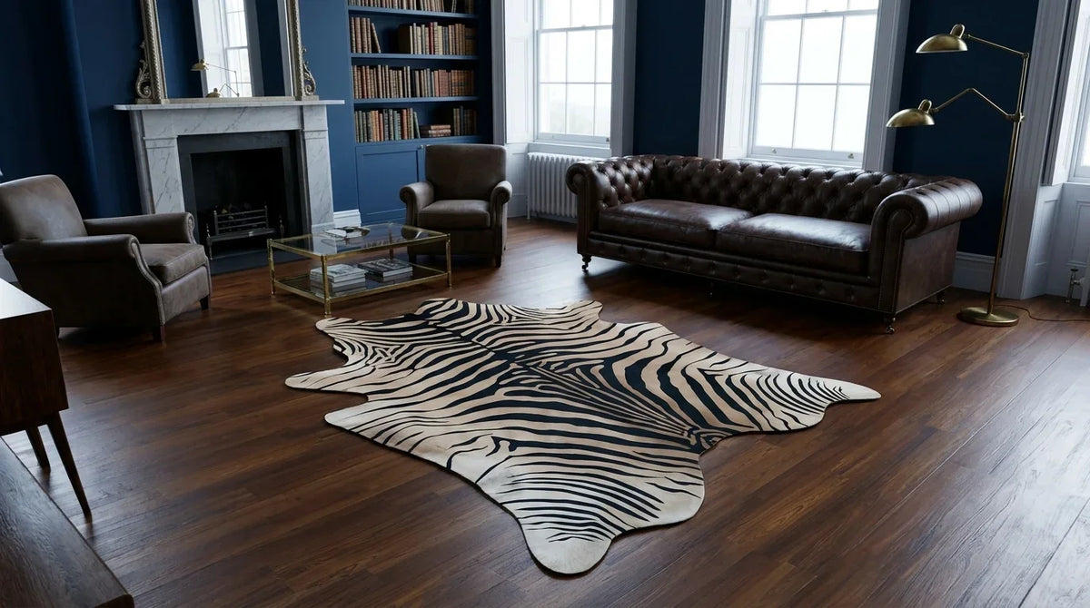 Black and White cowhide rug on hardwood floor in london townhouse living room