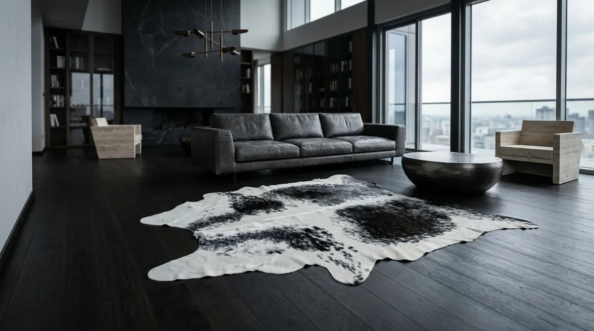 Black and White cowhide rug on hardwood floor in milano penthouse living room
